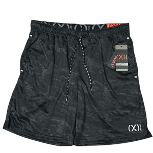 2XIST Men’s Athletic Shorts Gray Black Camouflage Logo Drawstring L New
